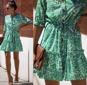 L-018 Olivaceous Green and White floral button up ruffle dress size small